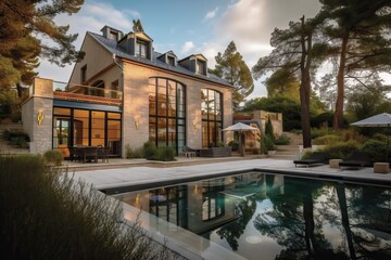 Fototapeta premium Luxury stone French mansion with veranda pool and garden, generative ai