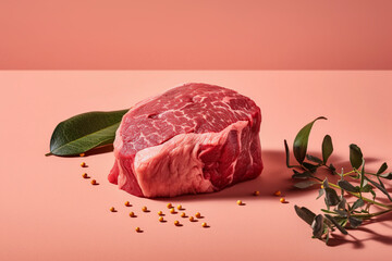 raw beef steak with rosemary isolated on a light pink background, created with generative ai