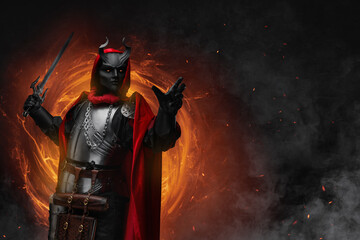 Naklejka premium Art of scary sorcerer of sinister cult with cuirass and cloak against portal.