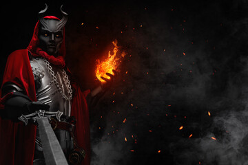 Portrait of evil sorcerer with fireball dressed in red robe and horned mask.