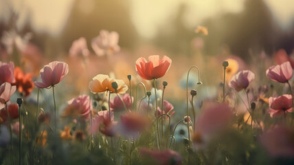A field of flowers with a sunset in the background. Wallpaper. Generative AI.