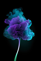 Abstract purple flower made of smoke on dark background. Generative AI.