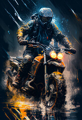 Watercolour abstract paintingof an off-road motorcyle and rider where the motorbike is driving through mud, dirt and water at an extreme sport event, computer Generative AI stock illustration image - obrazy, fototapety, plakaty