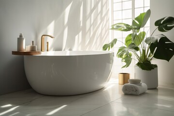 Naklejka na ściany i meble a white bath tub sitting next to a plant in a bathroom. generative ai