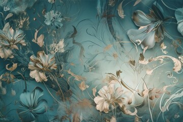  a painting of flowers and butterflies on a blue wallpaper.  generative ai