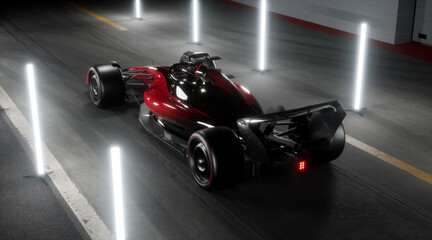 Overhead high angle view of a red modern generic sports racing car standing on a pit lane, surrounded by LED light tubes, cinematic lighting. Daytime shot. Realistic 3d rendering