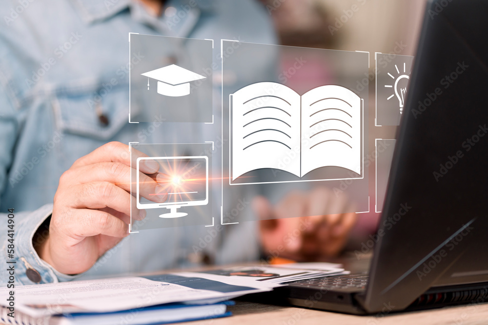 Fototapete Concept of Online education. man use Online education training and e-learning webinar on internet for personal development and professional qualifications. Digital courses to develop new skills..