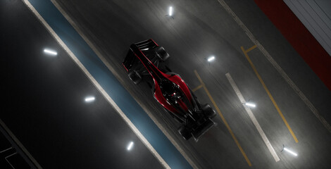 Overhead high angle view of a red modern generic sports racing car standing on a pit lane, surrounded by LED light tubes, cinematic lighting. Daytime shot. Realistic 3d rendering