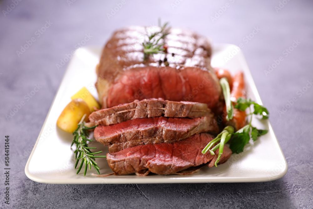 Wall mural roasted beef sliced on plate - Wall murals