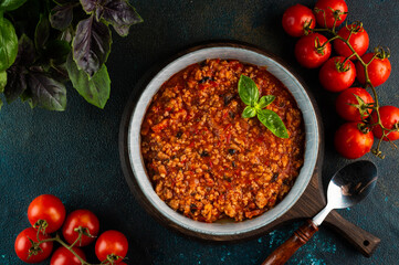 classic italian bolognese sauce. Preparing lasagna. Making lasagna sauce. Italian food. Meat stew.