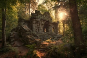 Illustration of ruins of an ancient civilization in the forest. Generative AI
