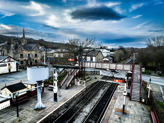 Aerial photograph of Ramsbottom Village with Train Station