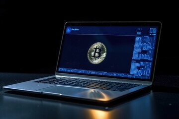 Bitcoin and laptop illustration, black background, technology and investment concept. Generative AI