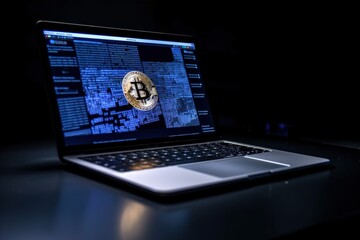 Bitcoin and laptop illustration, black background, technology and investment concept. Generative AI
