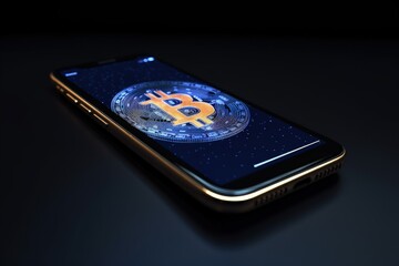Bitcoin symbol illustration on mobile screen, blue background, technology and investment concept. Generative AI