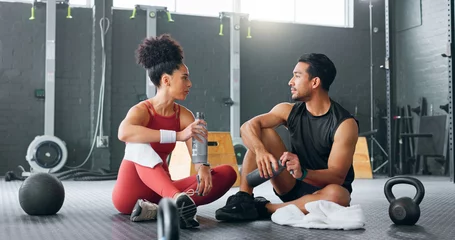 Fotobehang Sportschool Personal trainer man, woman gym and exercise plan with.a fitness instructor training routine, body and healthy cardio sports workout. Athlete exercising, health wellness and strong mental motivation  © N Felix/peopleimages.com