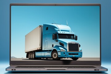 Delivery truck illustration on laptop screen, blue background. Generative AI