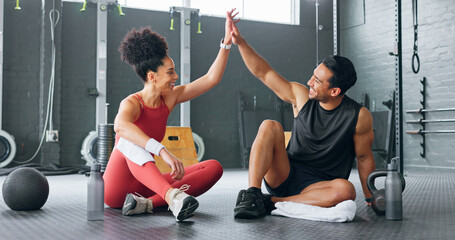High five woman, personal trainer man for fitness goal in gym or training facility together....