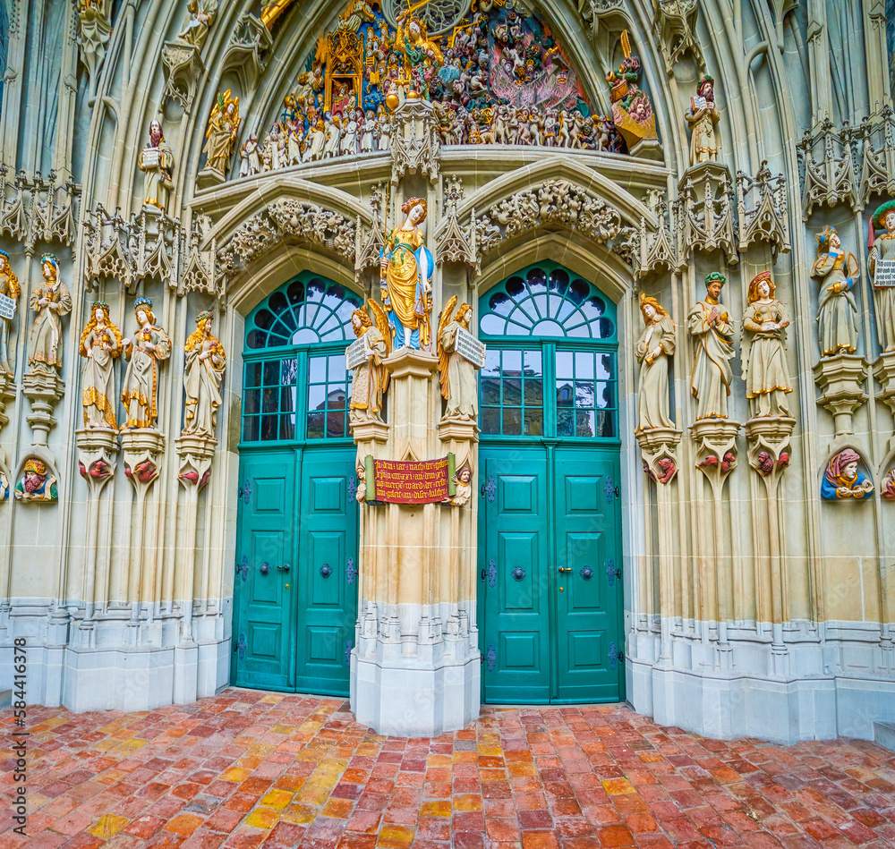 Wall mural Carved sculptures of the Last Judgment portal of Bern Minster, Switzerland