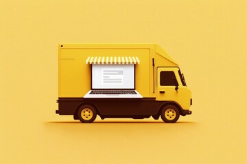 Delivery truck illustration on laptop screen, yellow background. Generative AI