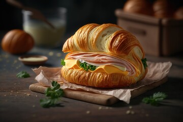 Sandwich with ham and cheese on croissant bun. Tasty croissant sandwich. AI generated