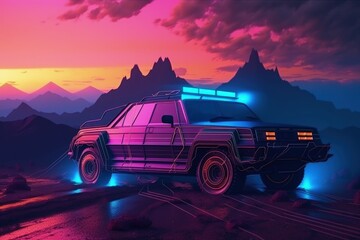Fototapeta premium Futuristic custom car illustration, landscape in the background, vaporwave, retro style. Generative AI