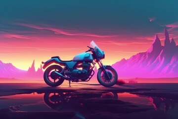 Fototapeta na wymiar Futuristic custom motorcycle illustration, landscape in the background, vaporwave, retro style. Generative AI
