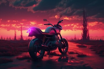 Naklejka na ściany i meble Futuristic custom motorcycle illustration, landscape in the background, vaporwave, retro style. Generative AI