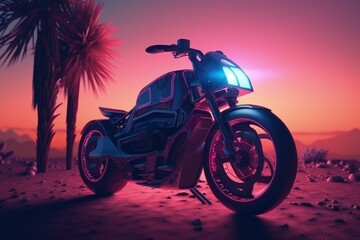 Obraz na płótnie Canvas Futuristic custom motorcycle illustration, landscape in the background, vaporwave, retro style. Generative AI