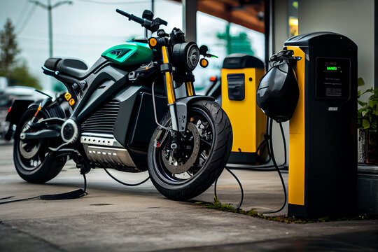 Electric Bike. Electric Vehicle (EV) charging dock with plug. Hybrid smart motorcycle battery.