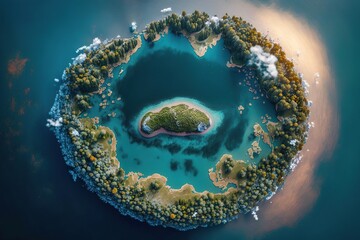 A lake in the middle of island in sea. Ai. Nature landscape.  - obrazy, fototapety, plakaty
