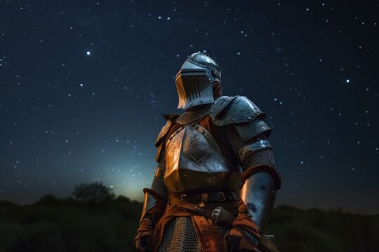 Landscape with medieval knight in armor, history and fantasy concept. Generative AI
