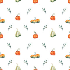 Autumn seamless pattern. Yellow fall leaves and pumpkin ornament on white background