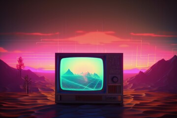 Illustration of old tv and landscape in the background, retro 80s and 90s style, vaporwave. Generative AI