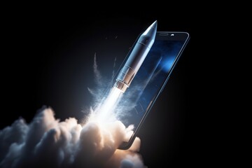 Illustration of rocket taking off and mobile phone, startup and technology concept, dark blue background. Generative AI