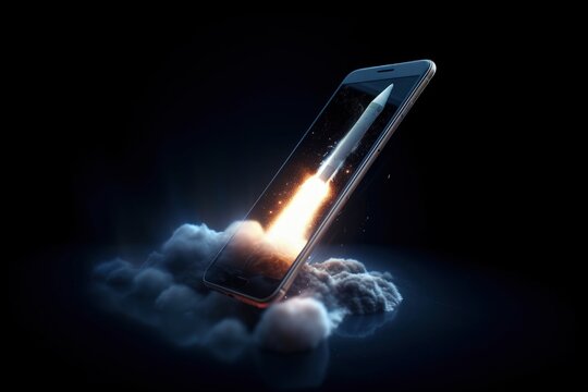 Illustration of rocket taking off and mobile phone, startup and technology concept, dark blue background. Generative AI