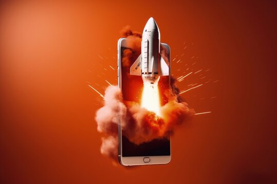 Illustration of rocket taking off and mobile phone, startup and technology concept, orange background. Generative AI