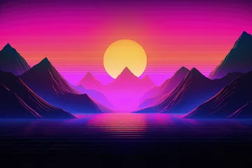 Foto op Canvas Landscape with sunset and mountains, 80s and 90s style, retro, vaporwave. Generative AI © Deivison