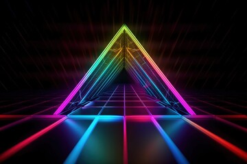 Triangular shape illustration and neon lights, retro colors, vaporwave. Generative AI