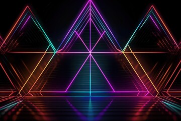 Fototapeta premium Triangular shape illustration and neon lights, retro colors, vaporwave. Generative AI