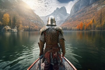 Landscape with viking warrior in armor, mountains and lake history and fantasy concept. Generative AI - obrazy, fototapety, plakaty