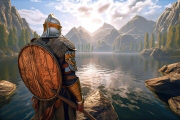 Landscape with viking warrior in armor, mountains and lake history and fantasy concept. Generative AI - obrazy, fototapety, plakaty