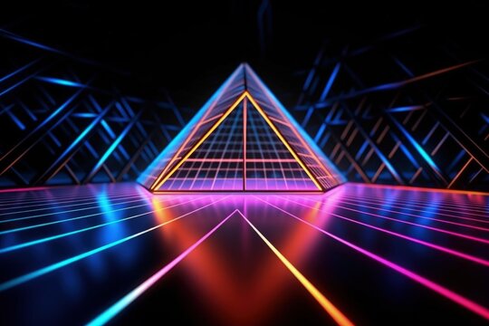 Triangular shape illustration and neon lights, retro colors, vaporwave. Generative AI © Deivison