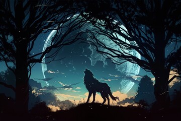 Landscape with wild wolf, night with full moon, tree. Generative AI