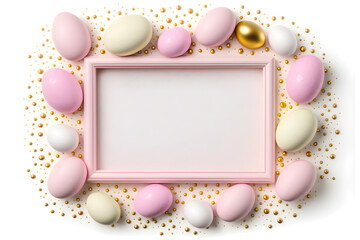 Naklejka na ściany i meble Easter eggs of delicate color around a frame with a place for text. White background. With Generative AI tehnology