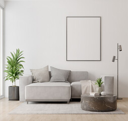 Scandinavian living room with wall and poster frame mock up.3d rendering