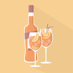 a bottle of aperol and two orange aperol spritz cocktails with ice and orange simplified vector illustration in flat and vintage style