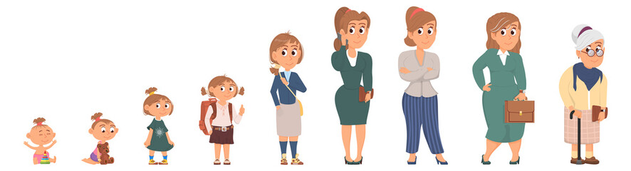 Woman life cycle. Different age cartoon character