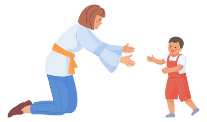 Obraz premium Baby go to mother. Young boy first steps