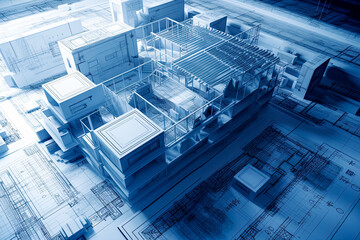 Blueprint for construction project rendered concept. - Generative Ai. -  engineering, design, plan, blueprint, building, structure, development, construction site, construction worker, crane.